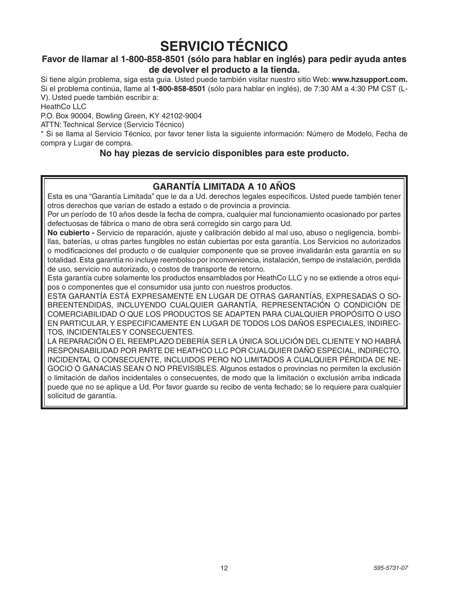 Servicio técnico | Heath Zenith DualBrite 5318 User Manual | Page 12 / 20