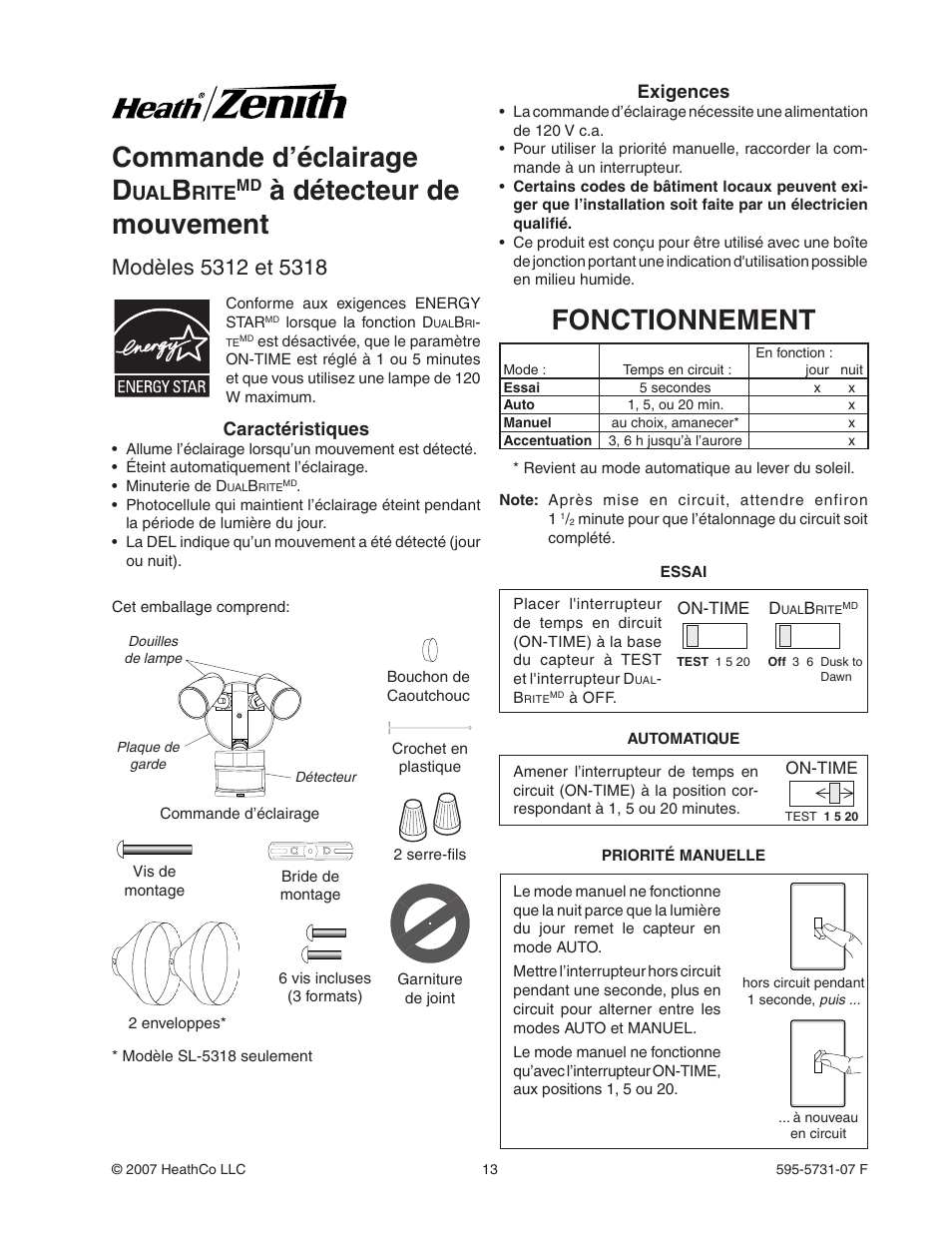 Commande d’éclairage d, À détecteur de mouvement, Fonctionnement | Rite | Heath Zenith DualBrite 5318 User Manual | Page 13 / 20