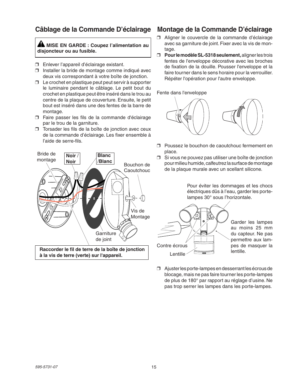 Montage de la commande d’éclairage, Câblage de la commande d’éclairage | Heath Zenith DualBrite 5318 User Manual | Page 15 / 20