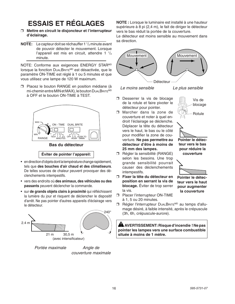 Essais et réglages | Heath Zenith DualBrite 5318 User Manual | Page 16 / 20
