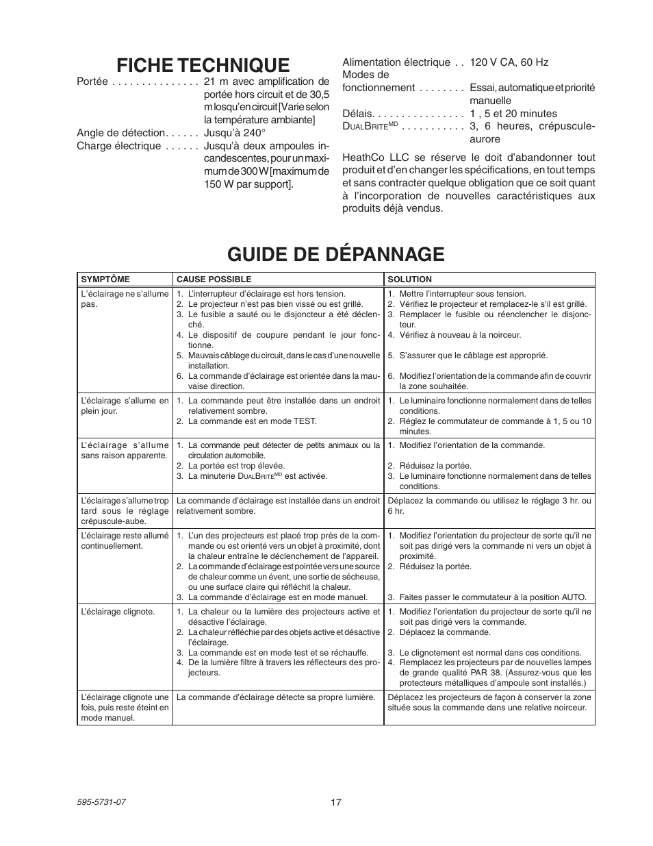 Fiche technique, Guide de dépannage | Heath Zenith DualBrite 5318 User Manual | Page 17 / 20