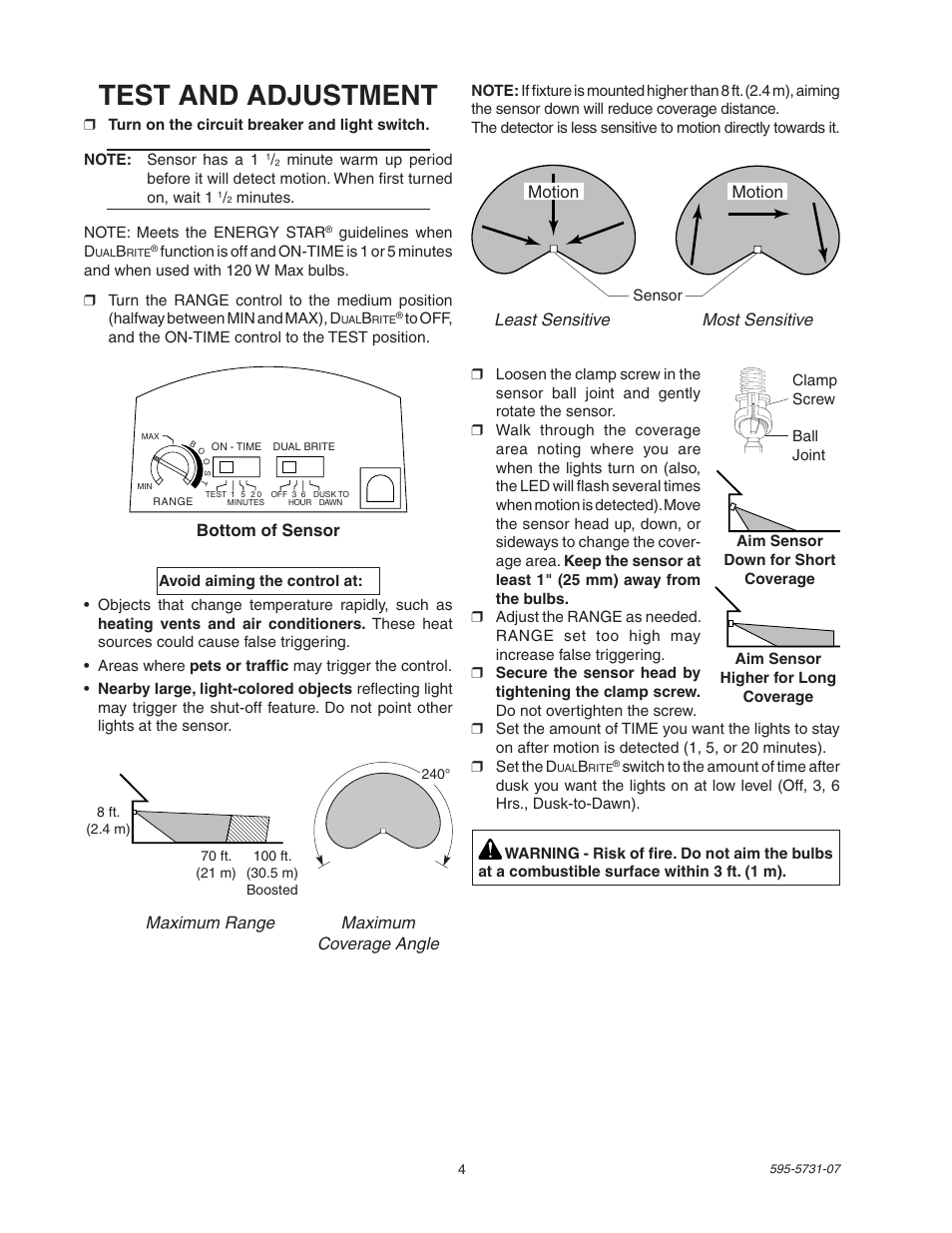 Test and adjustment | Heath Zenith DualBrite 5318 User Manual | Page 4 / 20