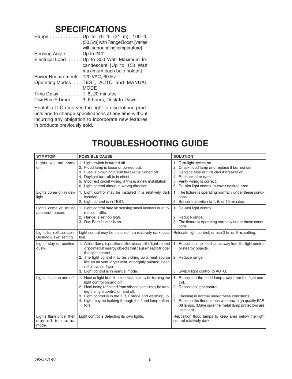 Specifications, Troubleshooting guide | Heath Zenith DualBrite 5318 User Manual | Page 5 / 20