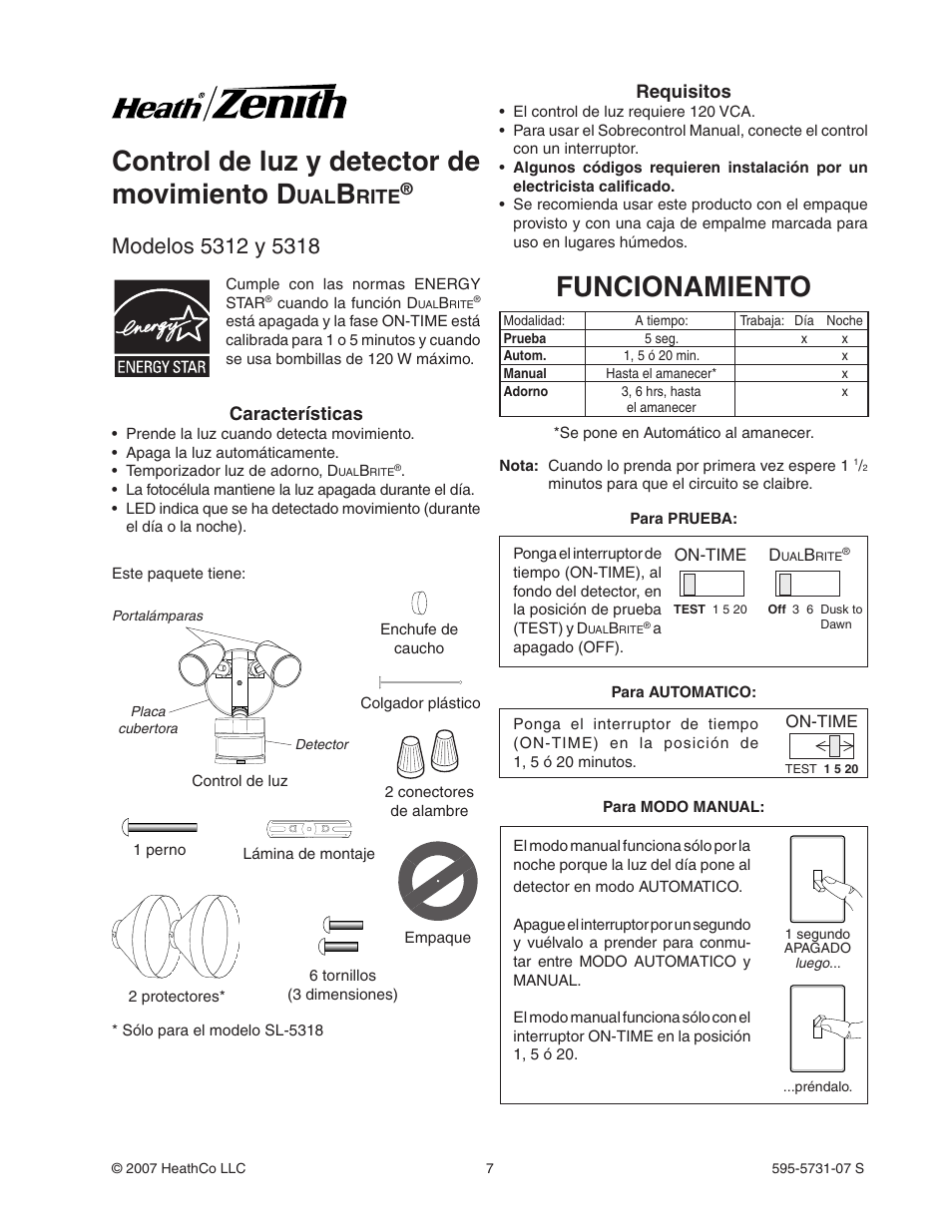 Funcionamiento, Control de luz y detector de movimiento d, Rite | Características, Requisitos | Heath Zenith DualBrite 5318 User Manual | Page 7 / 20