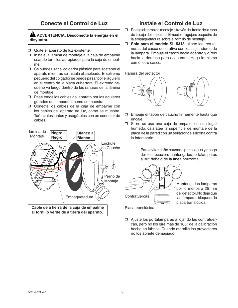 Conecte el control de luz, Instale el control de luz | Heath Zenith DualBrite 5318 User Manual | Page 9 / 20