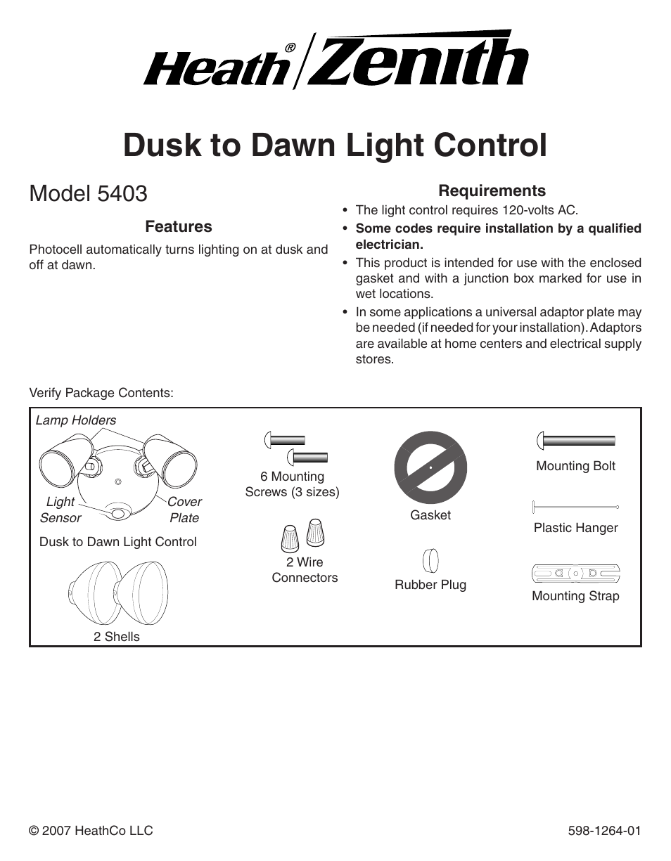 Heath Zenith Dusk to Dawn Light Control 5403 User Manual | 12 pages