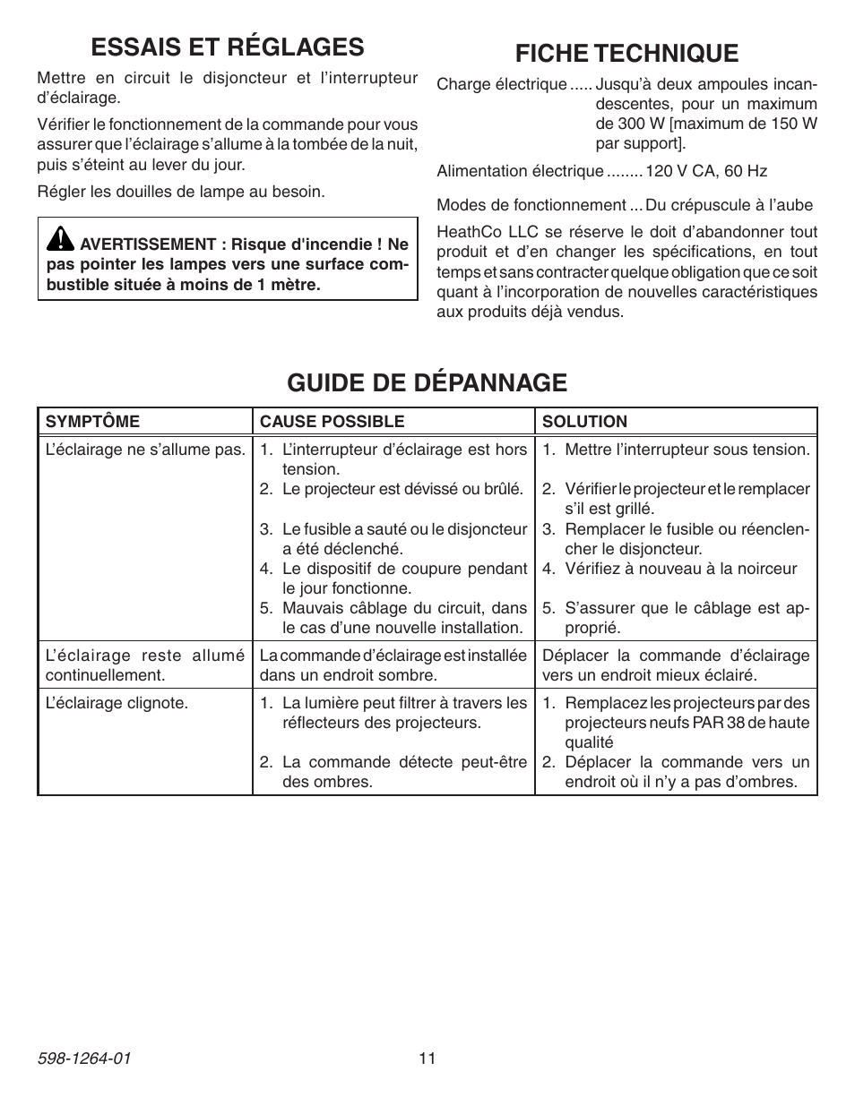 Fiche technique, Essais et réglages, Guide de dépannage | Heath Zenith Dusk to Dawn Light Control 5403 User Manual | Page 11 / 12