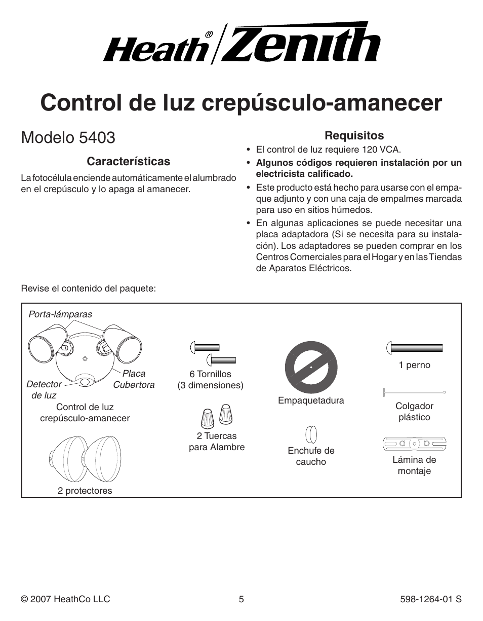 Control de luz crepúsculo-amanecer, Modelo 5403, Características | Requisitos | Heath Zenith Dusk to Dawn Light Control 5403 User Manual | Page 5 / 12
