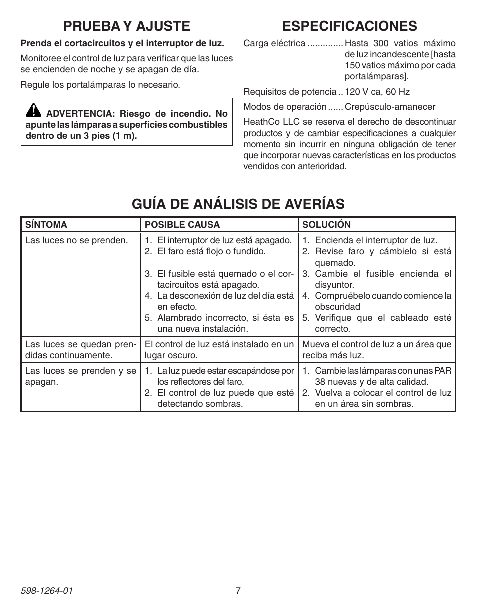 Especificaciones, Prueba y ajuste, Guía de análisis de averías | Heath Zenith Dusk to Dawn Light Control 5403 User Manual | Page 7 / 12