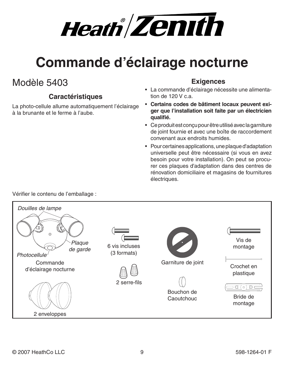 Commande d’éclairage nocturne, Modèle 5403, Caractéristiques | Exigences | Heath Zenith Dusk to Dawn Light Control 5403 User Manual | Page 9 / 12