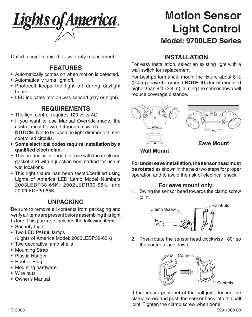 Heath Zenith Motion Sensor Light Control 9700LeD User Manual | 20 pages