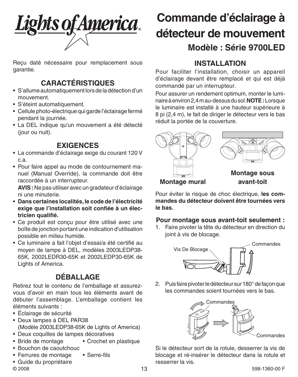 Commande d’éclairage à détecteur de mouvement, Modèle : série 9700led, Caractéristiques | Exigences, Déballage, Installation | Heath Zenith Motion Sensor Light Control 9700LeD User Manual | Page 13 / 20