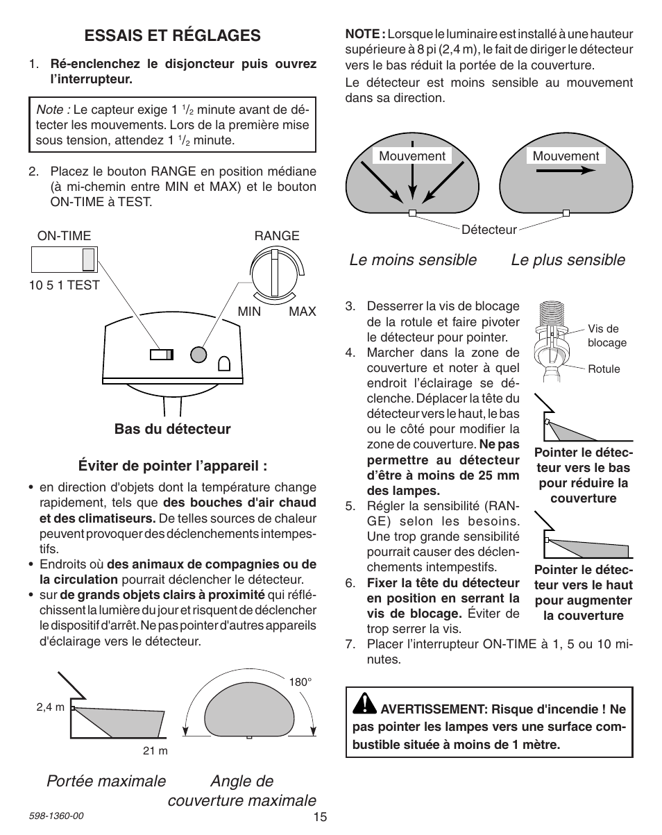 Essais et réglages | Heath Zenith Motion Sensor Light Control 9700LeD User Manual | Page 15 / 20