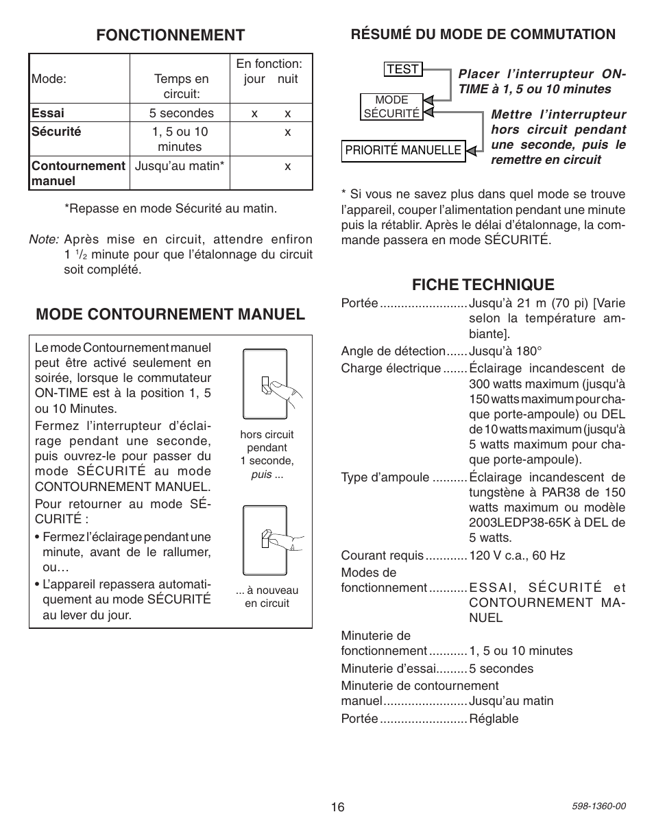 Fonctionnement, Mode contournement manuel, Fiche technique | Heath Zenith Motion Sensor Light Control 9700LeD User Manual | Page 16 / 20