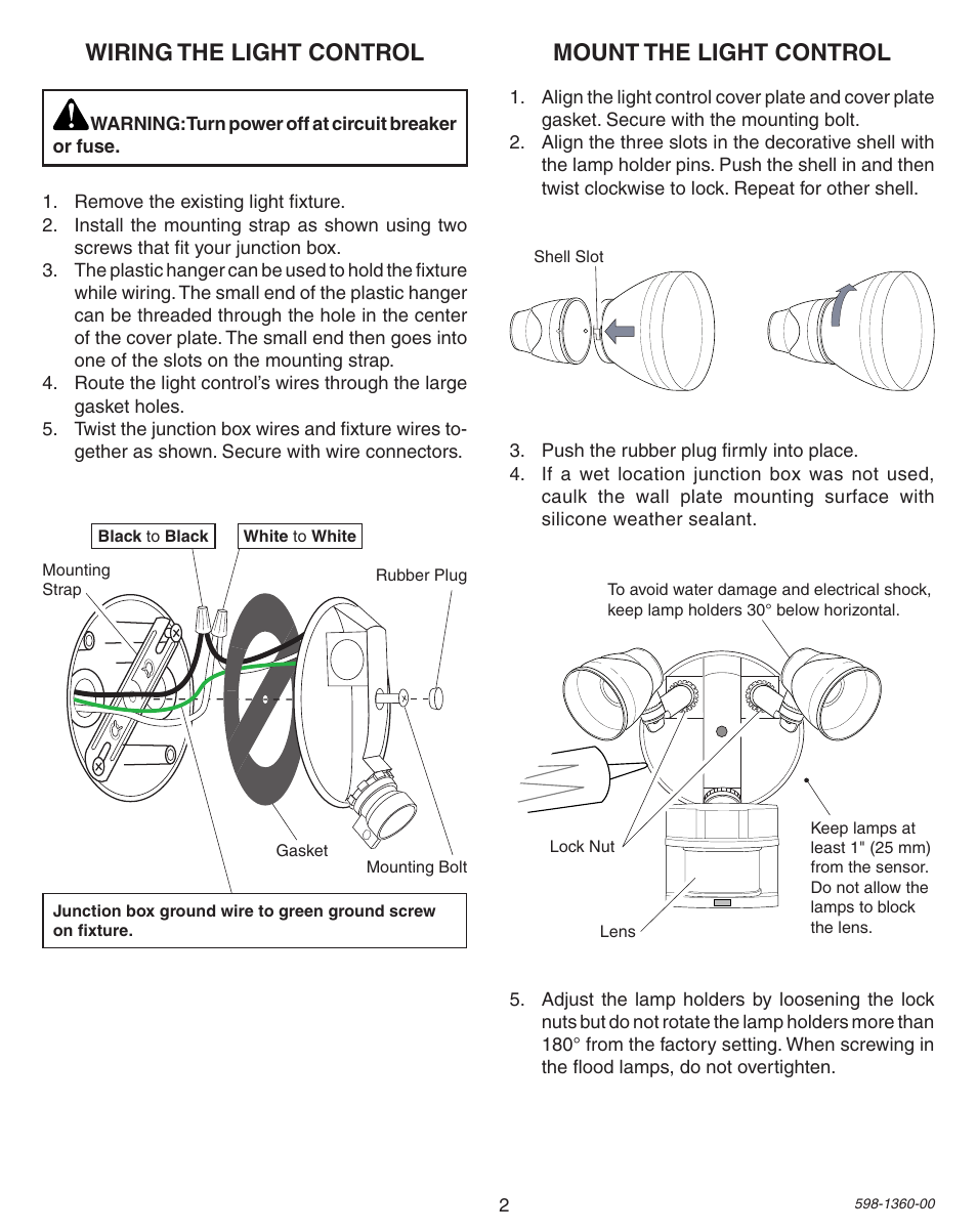 Wiring the light control, Mount the light control | Heath Zenith Motion Sensor Light Control 9700LeD User Manual | Page 2 / 20