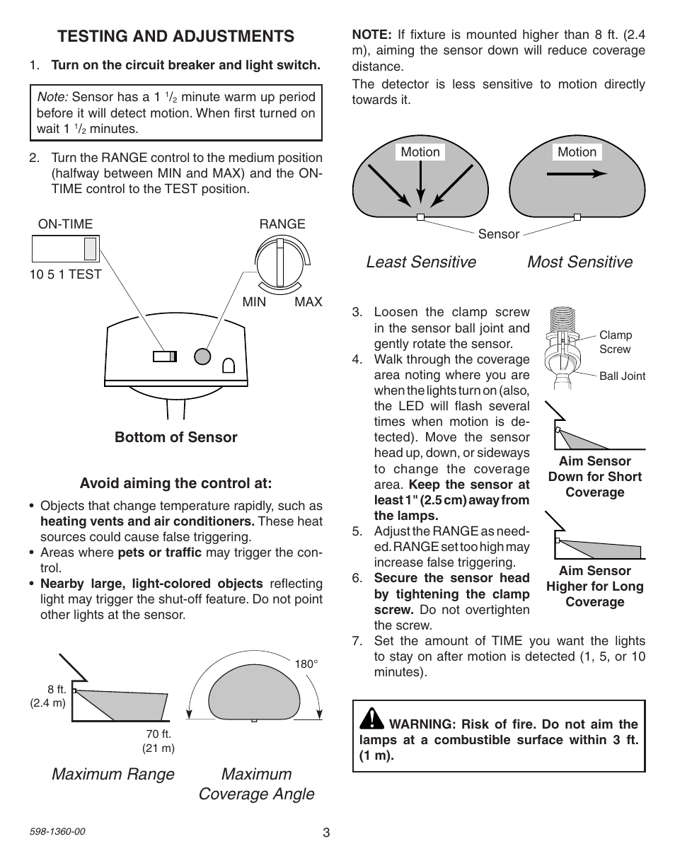 Testing and adjustments, Maximum range maximum coverage angle, Least sensitive most sensitive | Heath Zenith Motion Sensor Light Control 9700LeD User Manual | Page 3 / 20