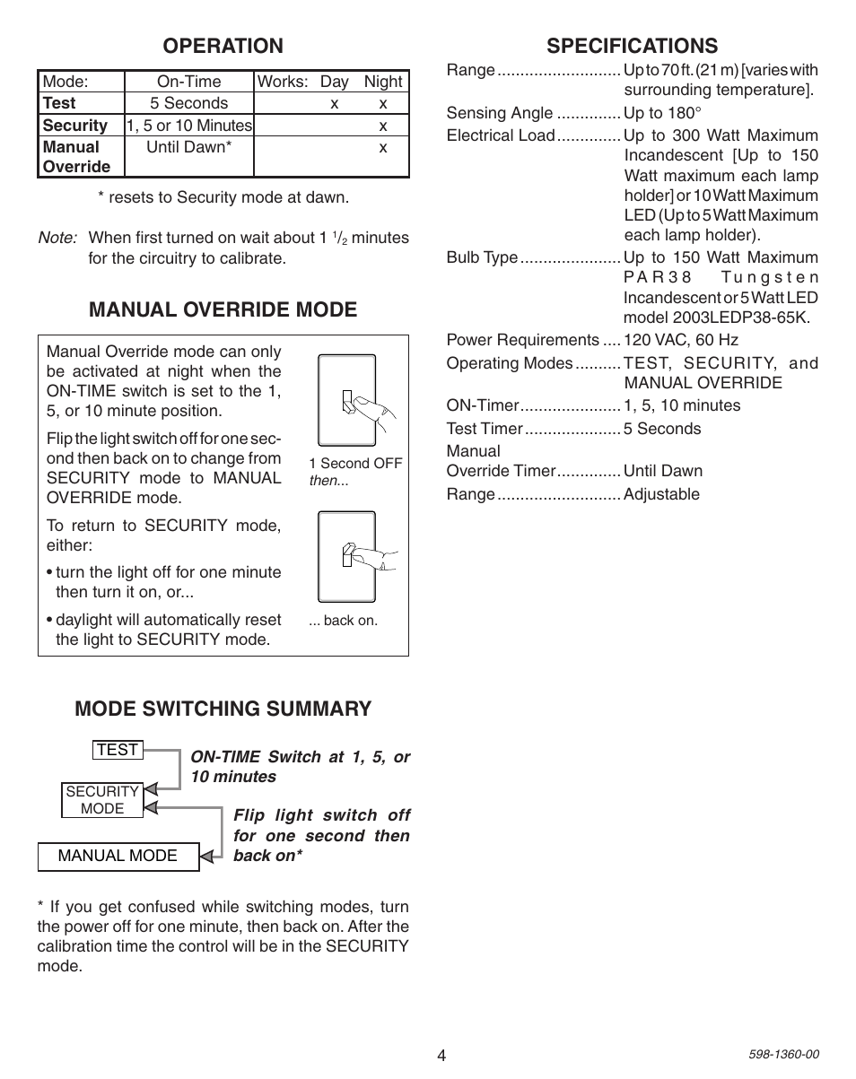 Operation, Mode switching summary, Manual override mode | Specifications | Heath Zenith Motion Sensor Light Control 9700LeD User Manual | Page 4 / 20