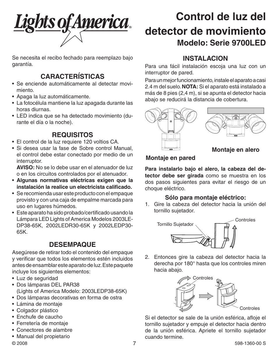 Control de luz del detector de movimiento, Modelo: serie 9700led, Características | Requisitos, Desempaque, Instalacion | Heath Zenith Motion Sensor Light Control 9700LeD User Manual | Page 7 / 20