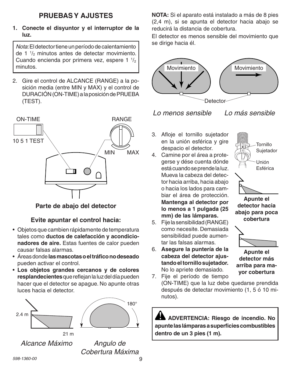 Pruebas y ajustes, Alcance máximo angulo de cobertura máxima, Lo menos sensible lo más sensible | Heath Zenith Motion Sensor Light Control 9700LeD User Manual | Page 9 / 20