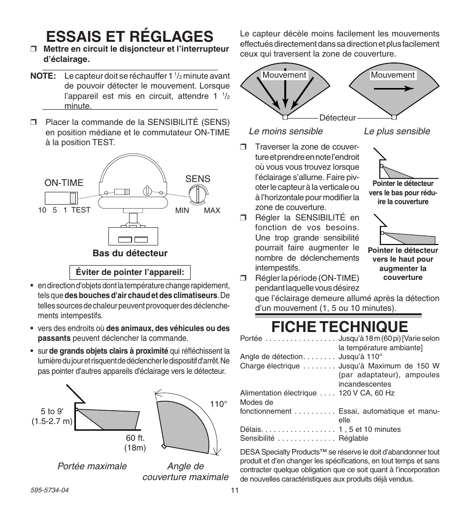 Essais et réglages, Fiche technique | Heath Zenith 5213 User Manual | Page 11 / 12