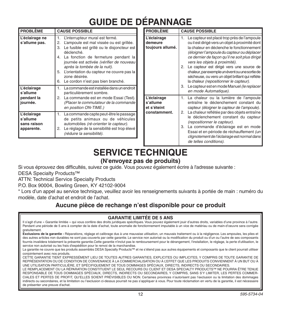 Guide de dépannage service technique, N'envoyez pas de produits) | Heath Zenith 5213 User Manual | Page 12 / 12