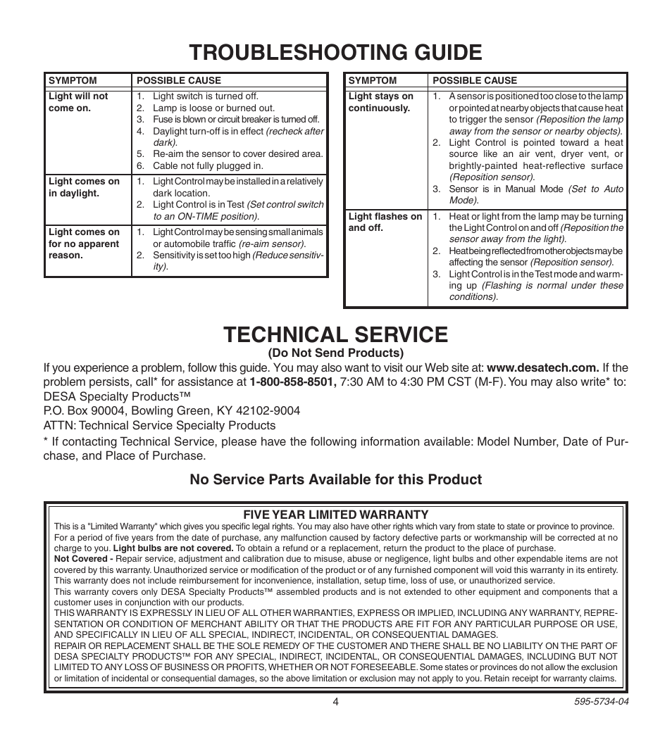 Troubleshooting guide, Technical service, No service parts available for this product | Heath Zenith 5213 User Manual | Page 4 / 12