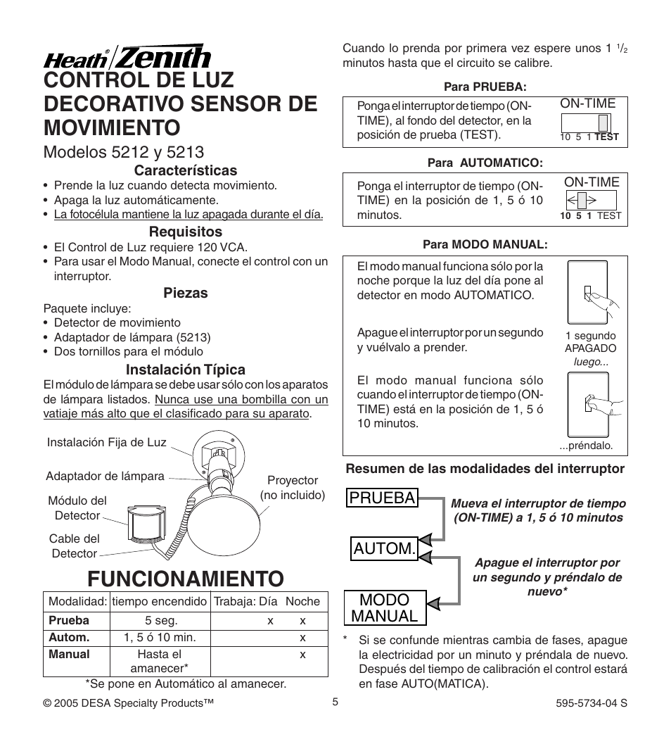 Control de luz decorativo sensor de movimiento, Funcionamiento, Prueba autom. modo manual | Heath Zenith 5213 User Manual | Page 5 / 12