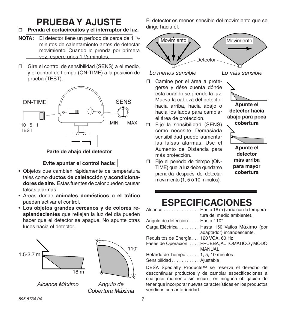 Prueba y ajuste, Especificaciones | Heath Zenith 5213 User Manual | Page 7 / 12
