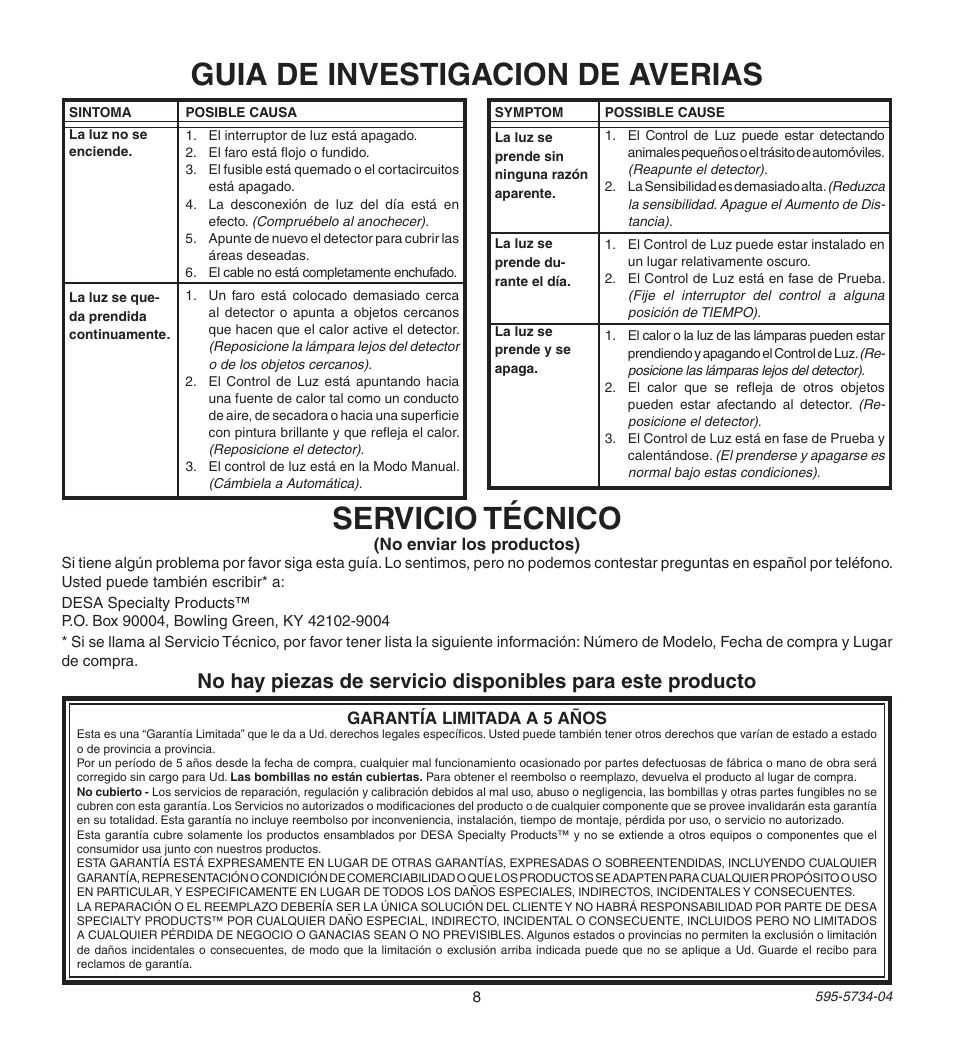 Guia de investigacion de averias, Servicio técnico | Heath Zenith 5213 User Manual | Page 8 / 12