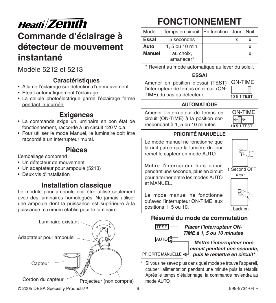 Fonctionnement, Exigences, Installation classique | Heath Zenith 5213 User Manual | Page 9 / 12