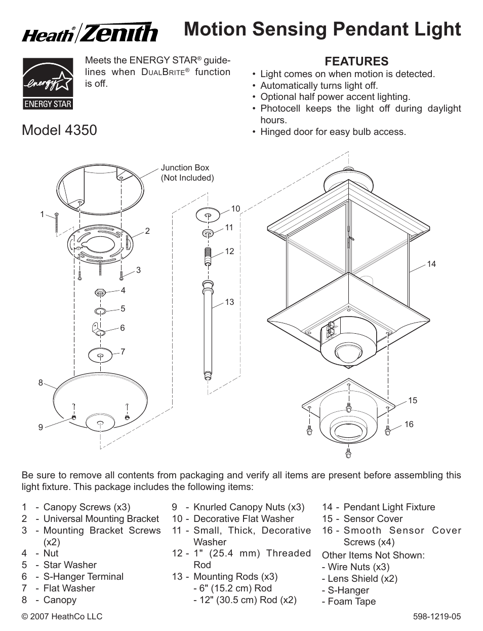 Heath Zenith Motion sensing Pendant Light 4350 User Manual | 24 pages