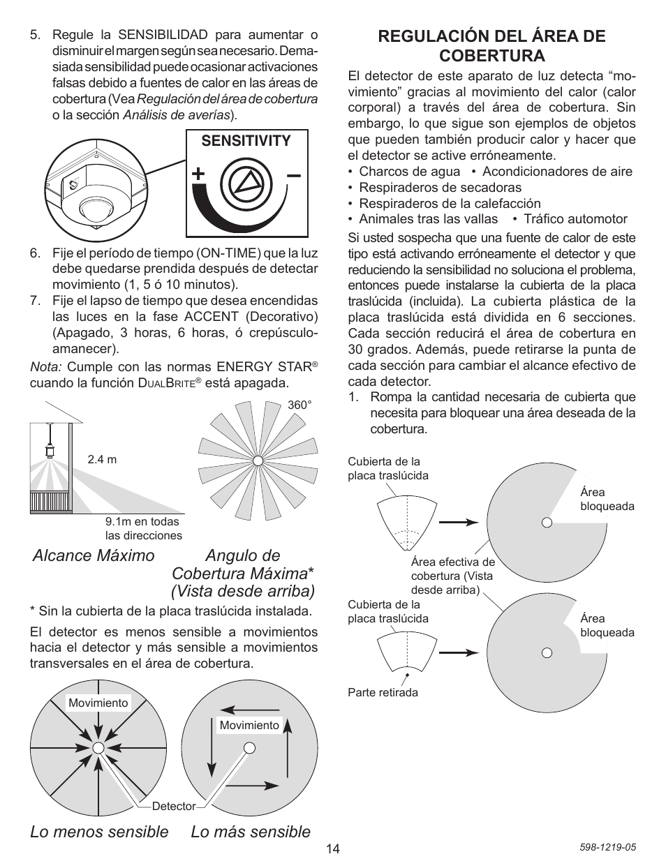 Lo menos sensible lo más sensible, Regulación del área de cobertura | Heath Zenith Motion sensing Pendant Light 4350 User Manual | Page 14 / 24