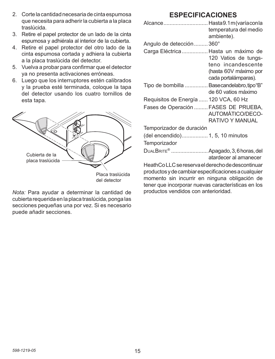Especificaciones | Heath Zenith Motion sensing Pendant Light 4350 User Manual | Page 15 / 24