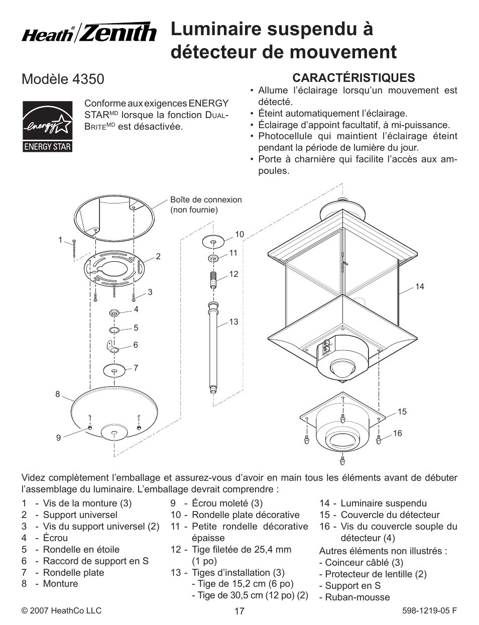 Luminaire suspendu à détecteur de mouvement, Modèle 4350, Caractéristiques | Lorsque la fonction d, Est désactivée | Heath Zenith Motion sensing Pendant Light 4350 User Manual | Page 17 / 24