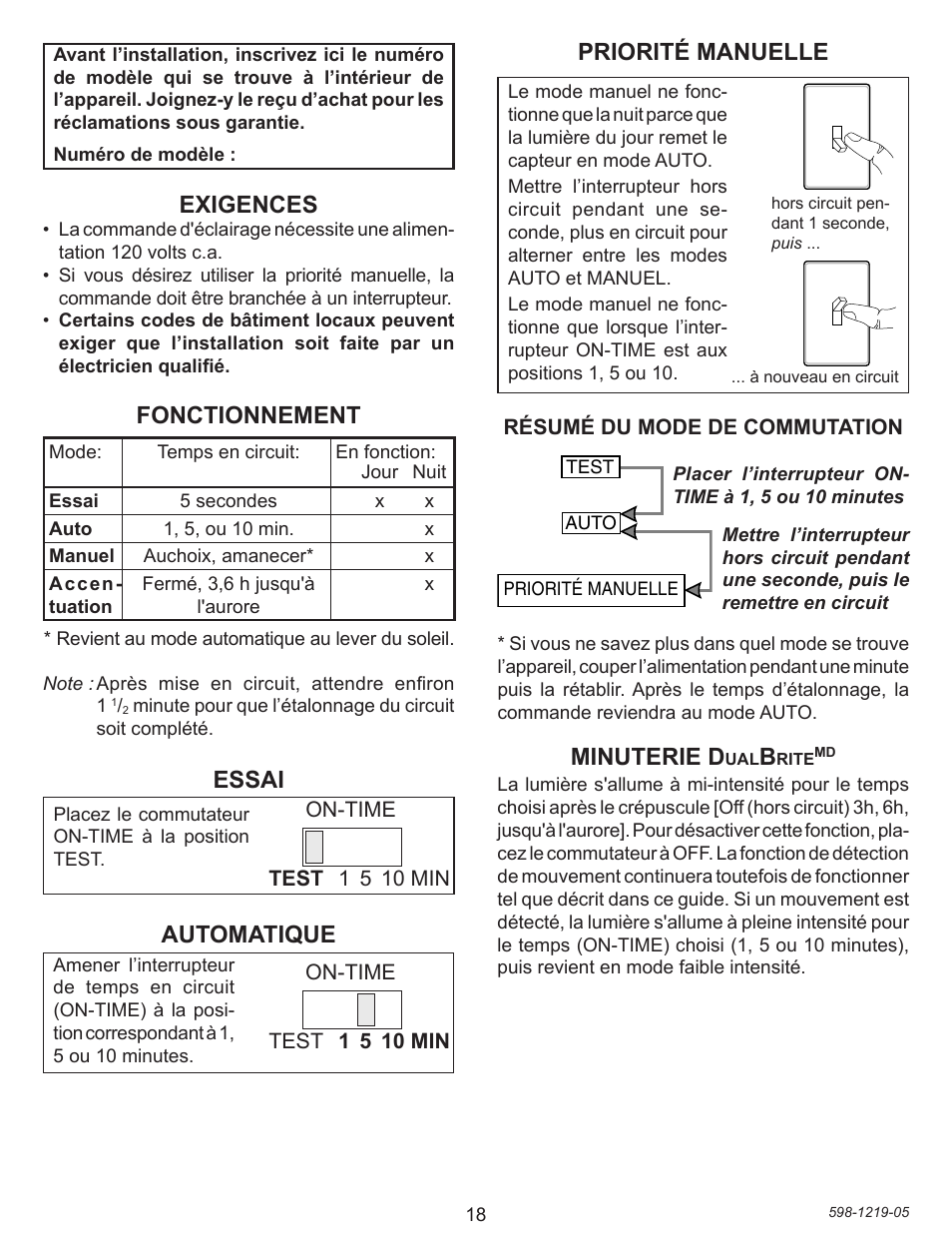 Exigences, Fonctionnement, Essai | Automatique, Priorité manuelle, Minuterie d | Heath Zenith Motion sensing Pendant Light 4350 User Manual | Page 18 / 24
