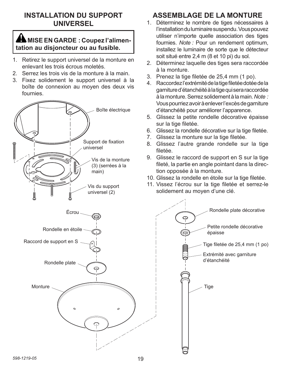 Installation du support universel, Assemblage de la monture | Heath Zenith Motion sensing Pendant Light 4350 User Manual | Page 19 / 24