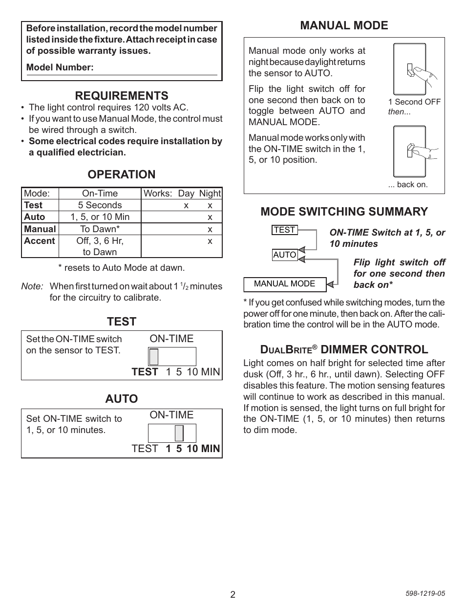 Test, Auto, Mode switching summary | Manual mode, Requirements, Operation, Dimmer control | Heath Zenith Motion sensing Pendant Light 4350 User Manual | Page 2 / 24