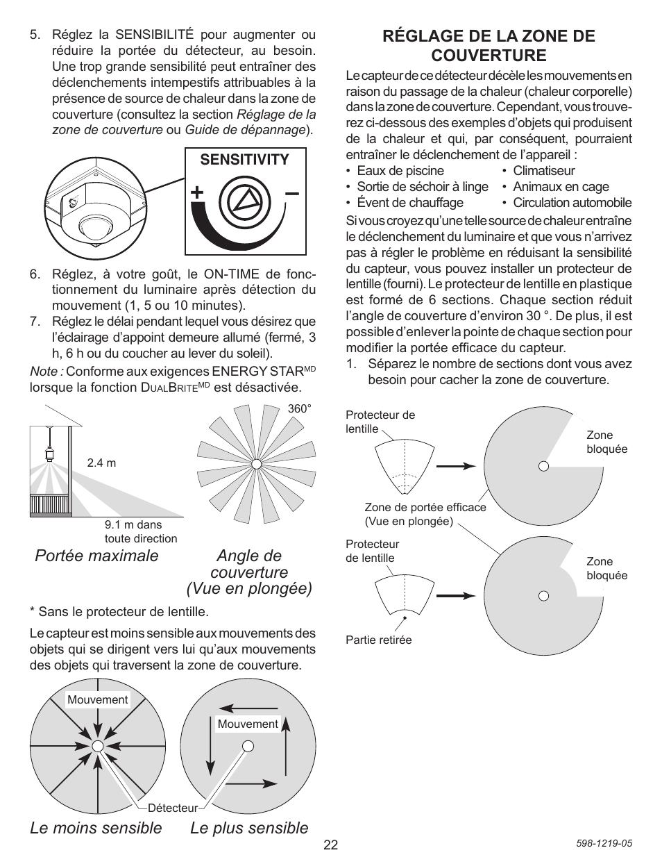 Réglage de la zone de couverture, Le moins sensible le plus sensible | Heath Zenith Motion sensing Pendant Light 4350 User Manual | Page 22 / 24
