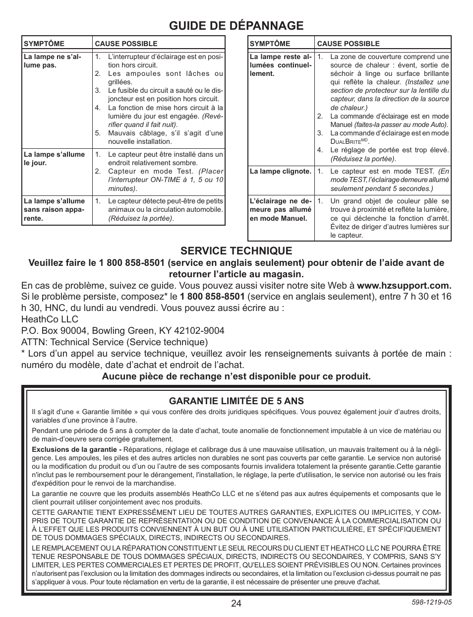 Guide de dépannage, Service technique, Garantie limitée de 5 ans | Heath Zenith Motion sensing Pendant Light 4350 User Manual | Page 24 / 24