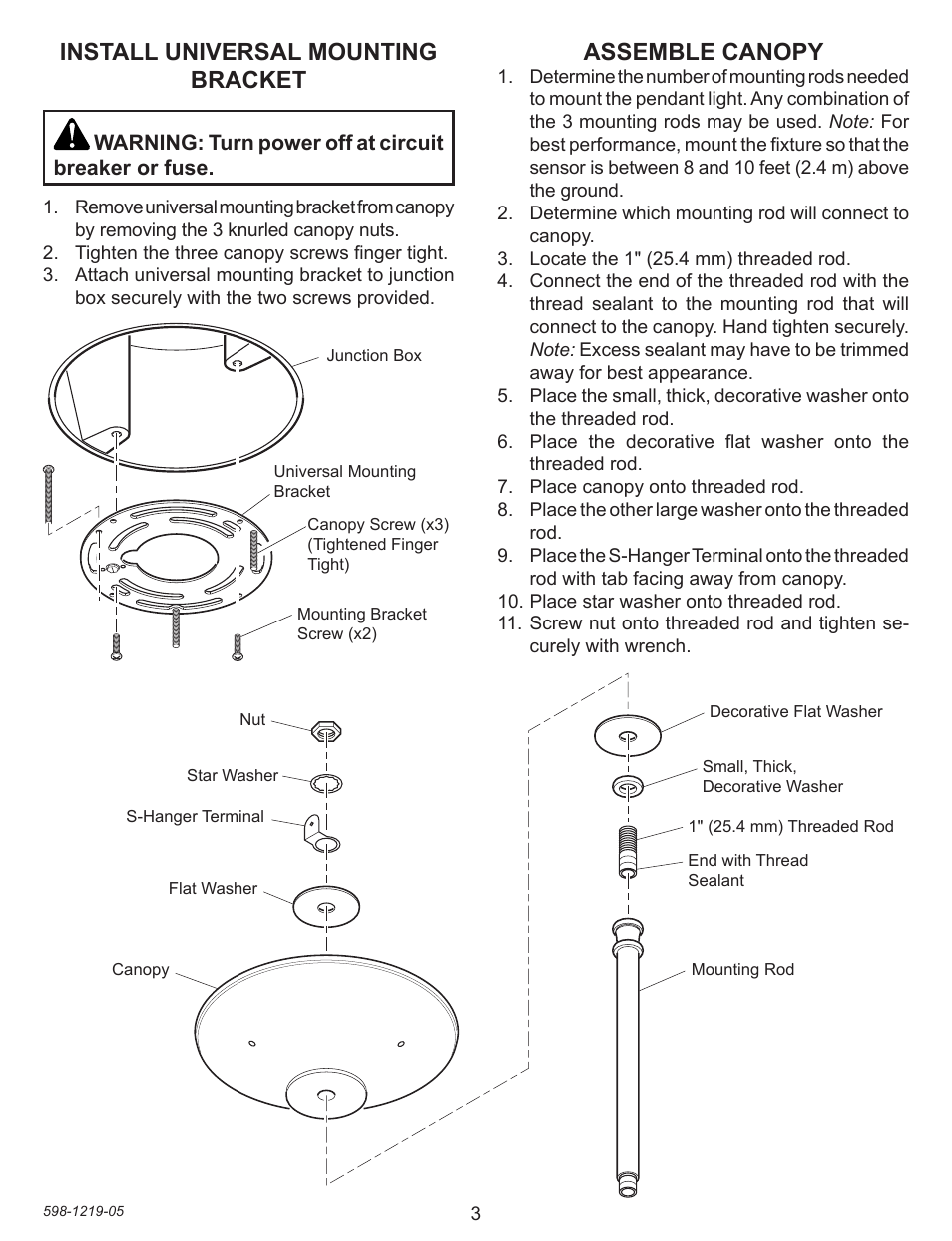 Install universal mounting bracket, Assemble canopy | Heath Zenith Motion sensing Pendant Light 4350 User Manual | Page 3 / 24