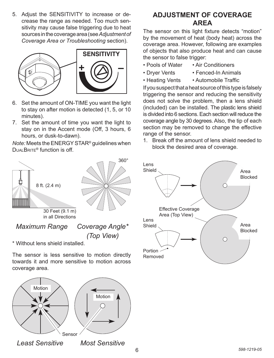 Least sensitive most sensitive, Adjustment of coverage area, Maximum range coverage angle* (top view) | Sensitivity | Heath Zenith Motion sensing Pendant Light 4350 User Manual | Page 6 / 24