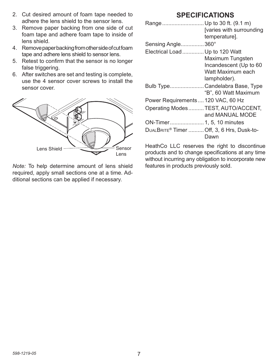Specifications | Heath Zenith Motion sensing Pendant Light 4350 User Manual | Page 7 / 24