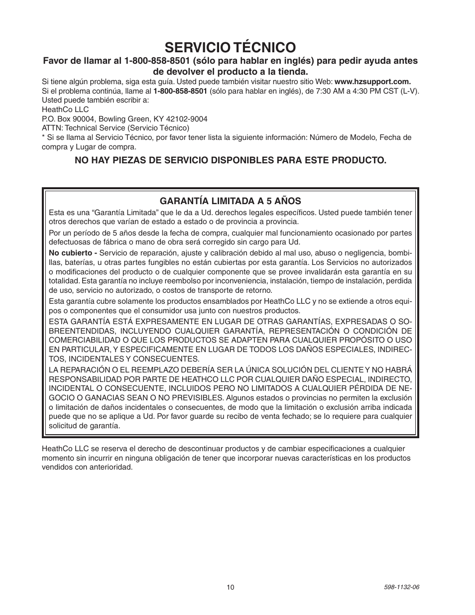 Servicio técnico | Heath Zenith DualBrite Security Light 5630 User Manual | Page 10 / 16