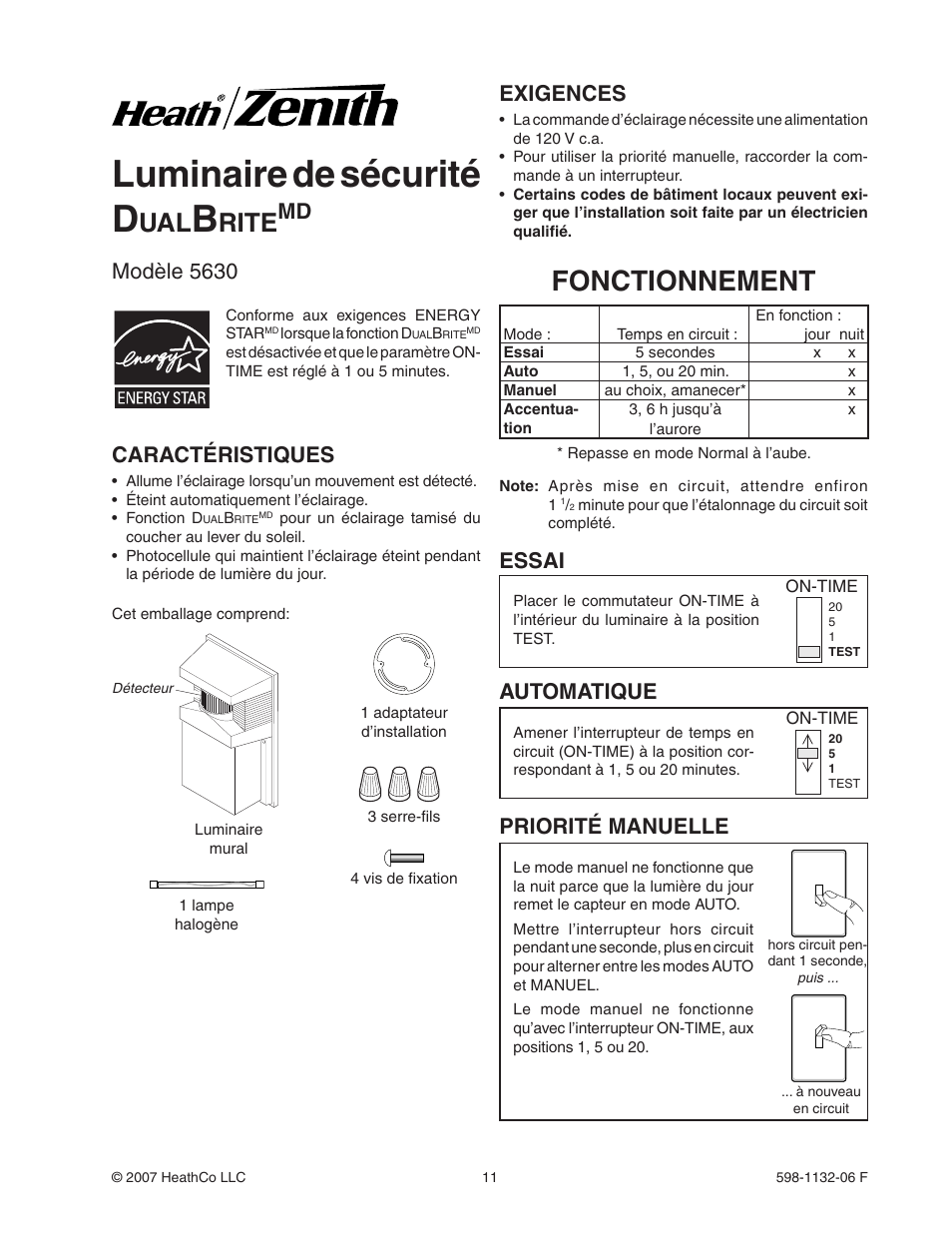 Luminaire de sécurité d, Fonctionnement, Rite | Modèle 5630, Md essai caractéristiques, Priorité manuelle, Automatique, Exigences | Heath Zenith DualBrite Security Light 5630 User Manual | Page 11 / 16