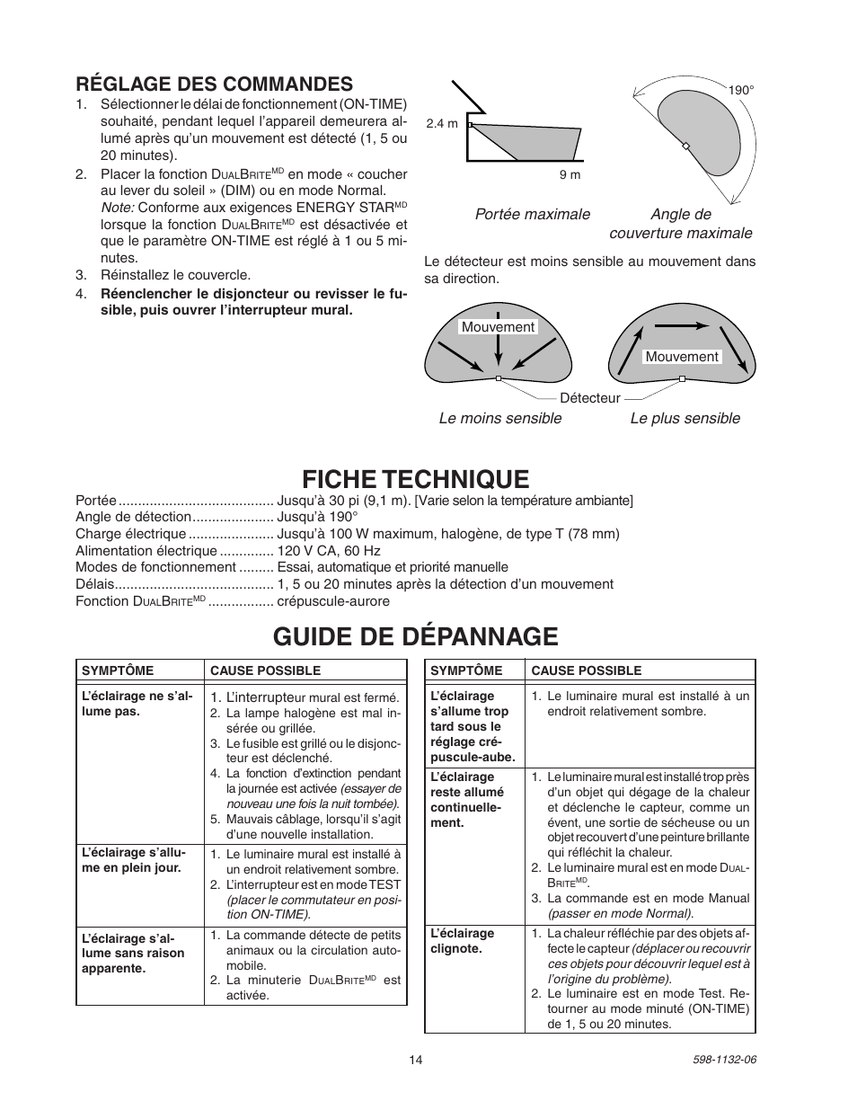 Fiche technique, Guide de dépannage, Réglage des commandes | Heath Zenith DualBrite Security Light 5630 User Manual | Page 14 / 16