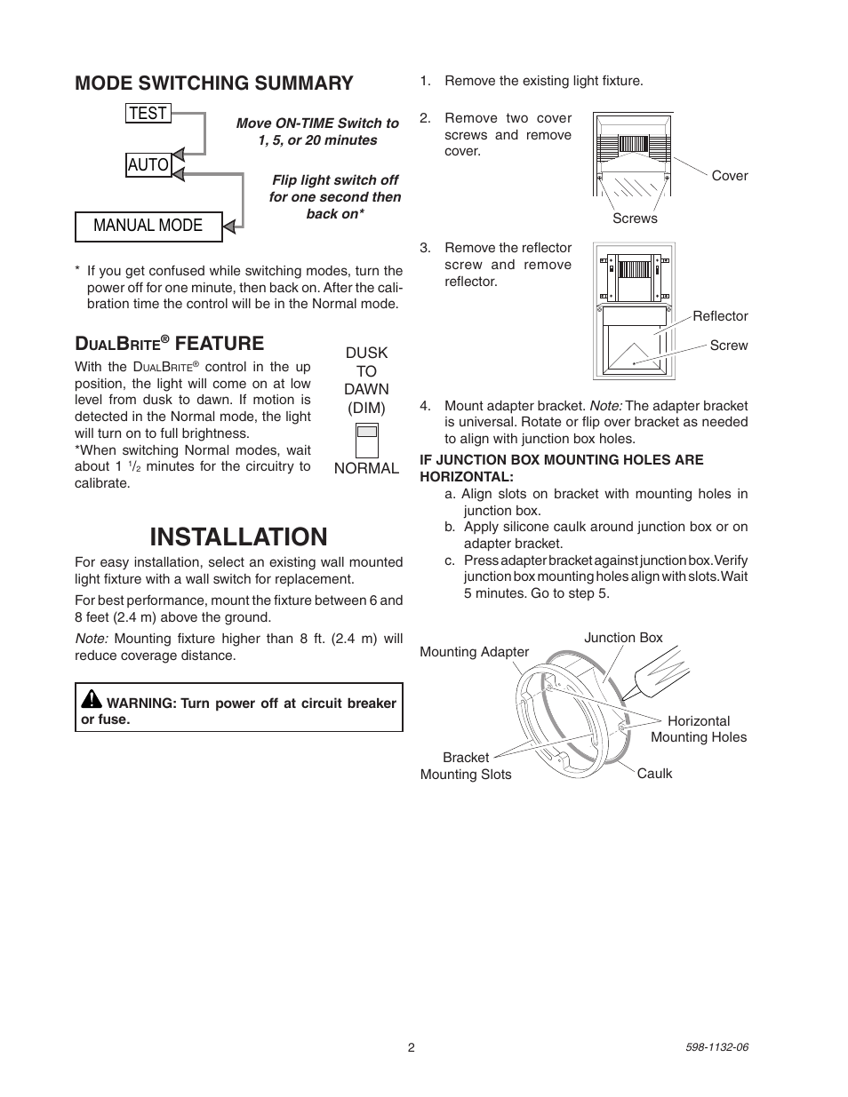 Installation, Feature, Mode switching summary | Manual mode auto test | Heath Zenith DualBrite Security Light 5630 User Manual | Page 2 / 16