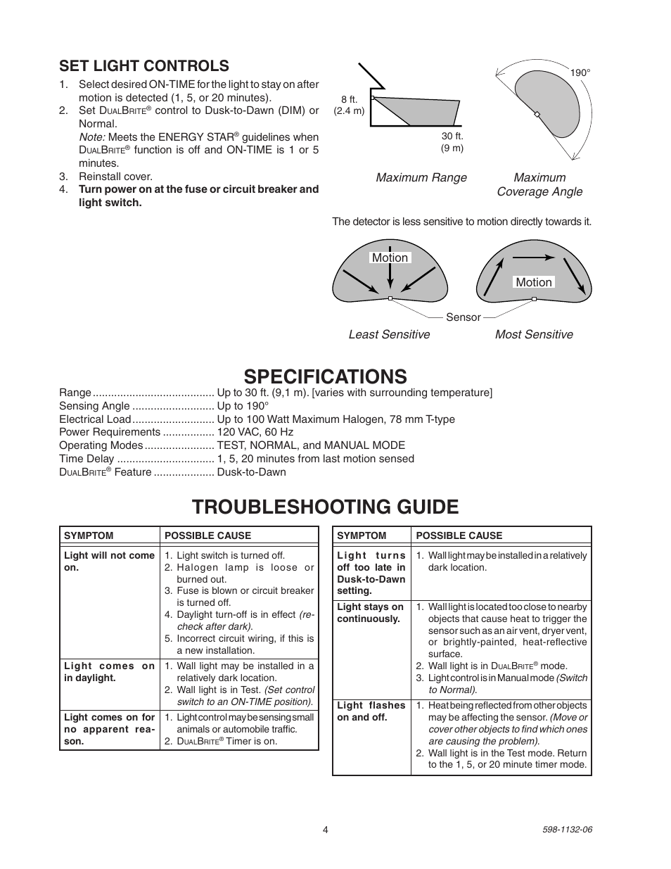Specifications, Troubleshooting guide, Set light controls | Heath Zenith DualBrite Security Light 5630 User Manual | Page 4 / 16