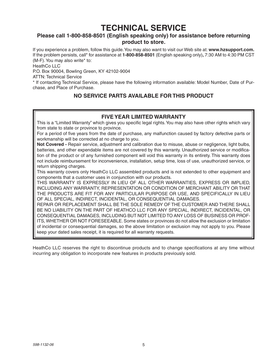 Technical service | Heath Zenith DualBrite Security Light 5630 User Manual | Page 5 / 16