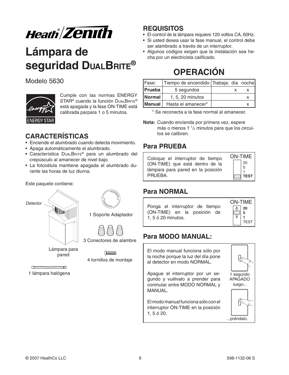 Lámpara de seguridad d, Operación, Rite | Modelo 5630, Para prueba características, Para modo manual, Para normal, Requisitos | Heath Zenith DualBrite Security Light 5630 User Manual | Page 6 / 16