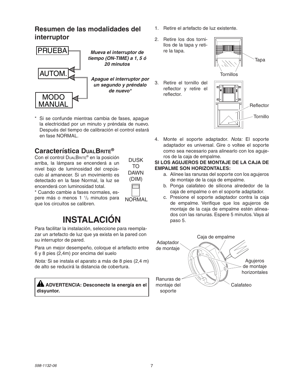 Instalación, Prueba autom. modo manual, Característica d | Resumen de las modalidades del interruptor | Heath Zenith DualBrite Security Light 5630 User Manual | Page 7 / 16